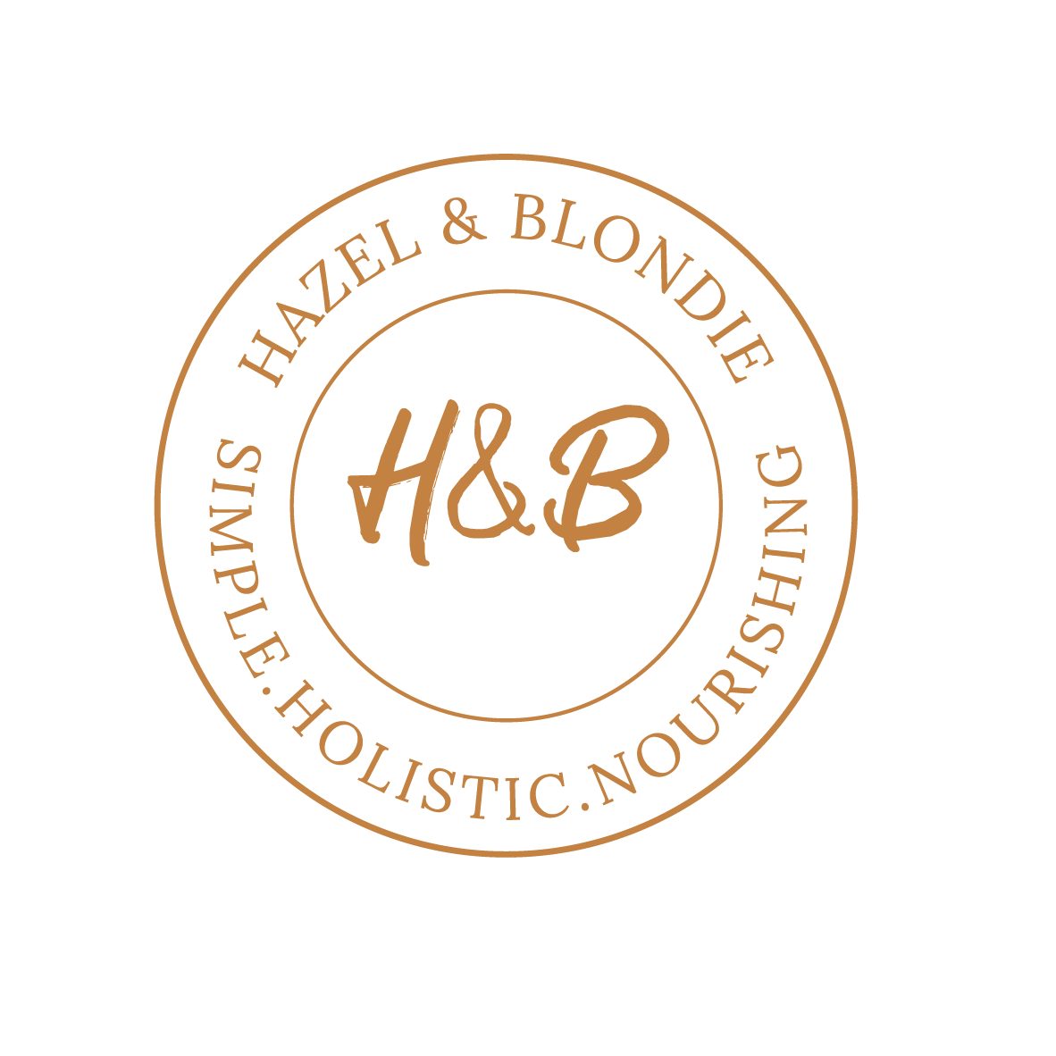 Hazel & Blondie haircare, secondary logo.  H&B letters in logo font in centre of circle and the words simple, holistic, nourishing around the outer circle.  Professional, natural, high quality haircare